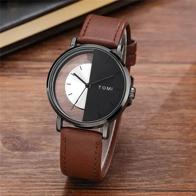 black face Women's brown Leather Strap Watches with black needles
