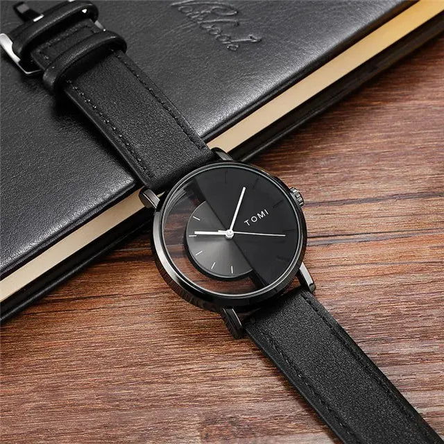 white face Women's black Leather Strap Watches with white needles