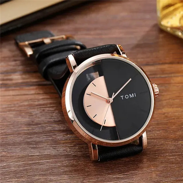 Black and Gold face Women's black Leather Strap Watches with Gold needles
