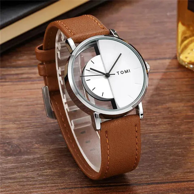 white face Women's brown Leather Strap Watches with black needles
