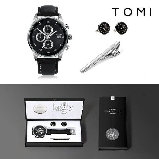TOMI 4PCS Set Gift Box Men's Fashion Business Quartz Watch