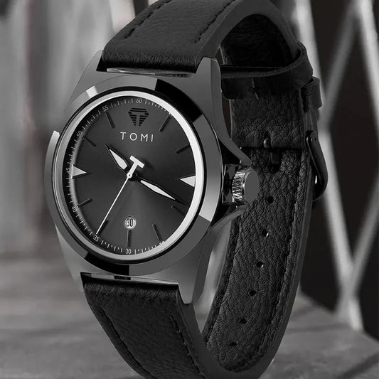 TOMI Simple Men's Quartz Watch Business All-Match Fashion Design Dial with Automatic Date Black Leather Strap Gifts for Men 2025