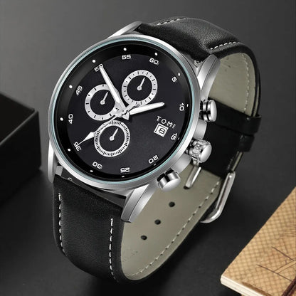 TOMI 4PCS Set Gift Box Men's Fashion Business Quartz Watch with black leather strap