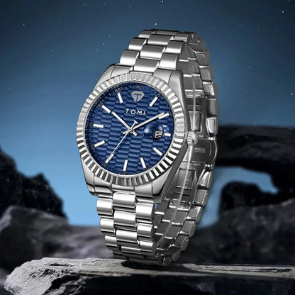 TOMI New Men's Watch Brooch Extra battery cell Gift Box Set Luxury Business Stainless Steel Strap Men's Calendar Casual Quartz Watch Reloj
