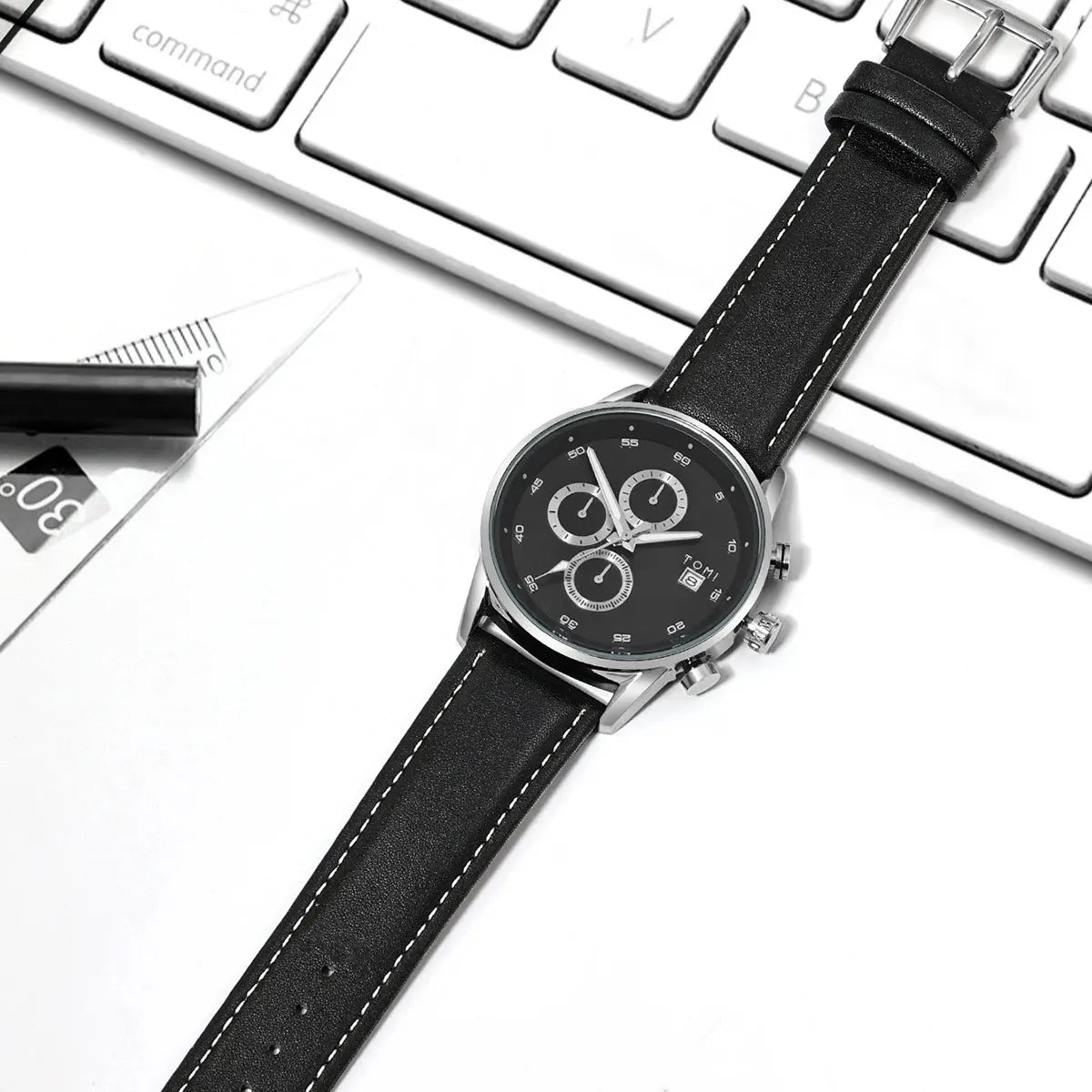 TOMI 4PCS Set Gift Box Men's Fashion Leisure Calendar Business Quartz Watch with black leather strap