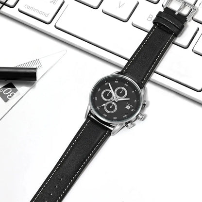 TOMI 4PCS Set Gift Box Men's Fashion Leisure Calendar Business Quartz Watch with black leather strap