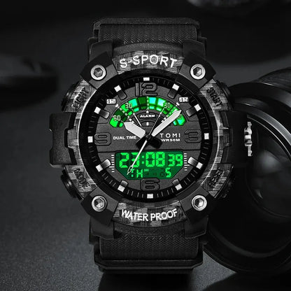 TOMI Men's LED Waterproof Digital Watch Men's Fitness Electronic Watch Multi functional Military Sports Watch Children's Gift
