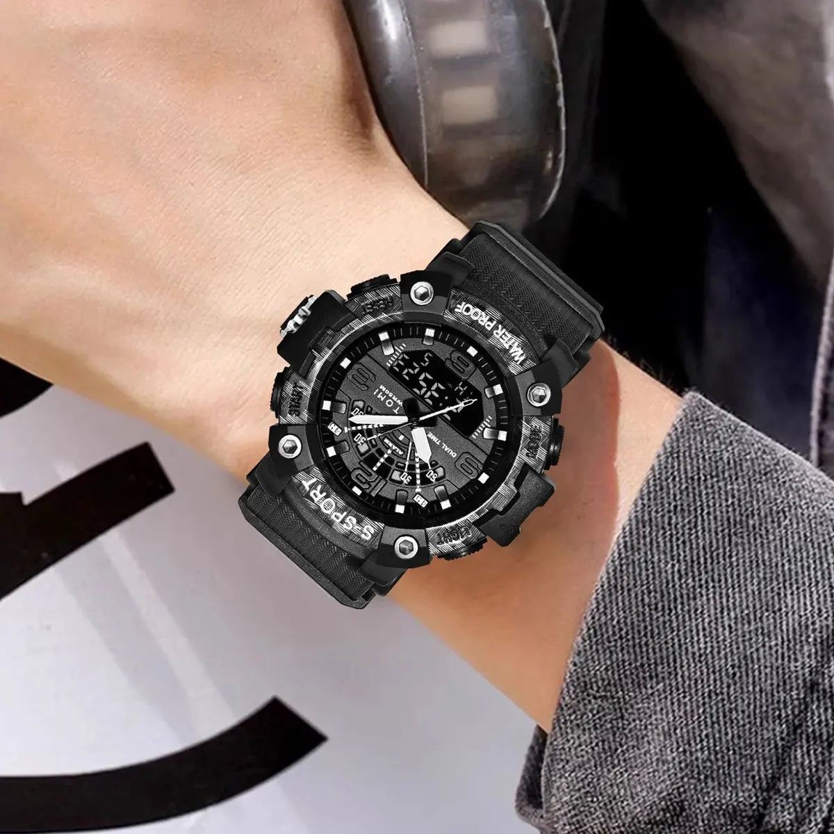 TOMI Men's LED Waterproof Digital Watch Men's Fitness Electronic Watch Multi functional Military Sports Watch Children's Gift