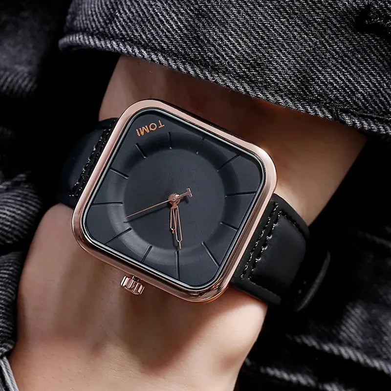 TOMI Fashion Square Watch for Men Quartz Wrist watch with black leather strap in pakistan