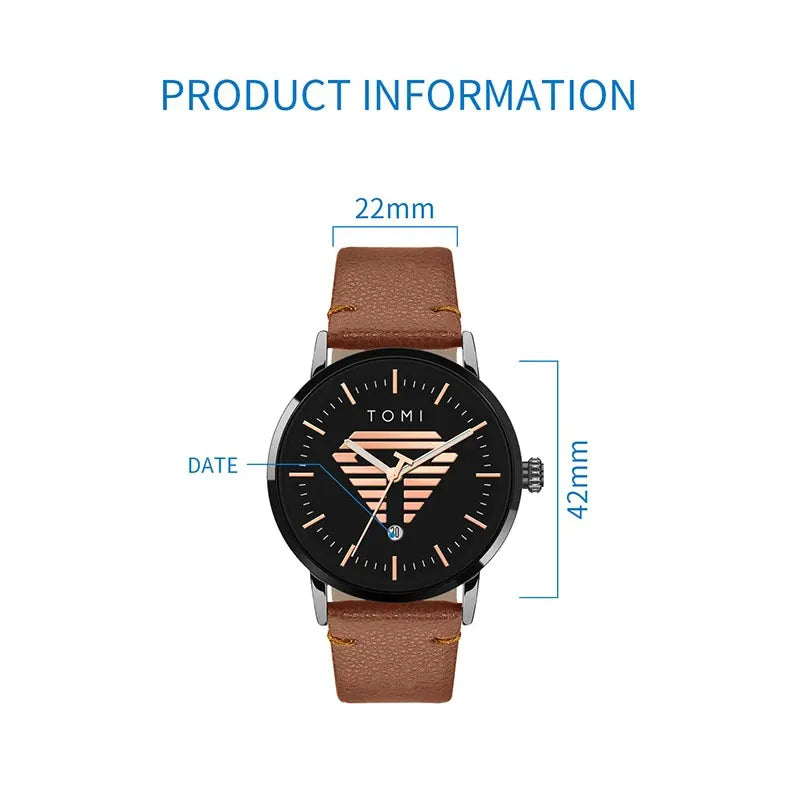 TOMI Men's Watch Minimalist Casual Business Quartz Watch Luxury Fashion Men's Leather Quartz Watch Clock Gift
