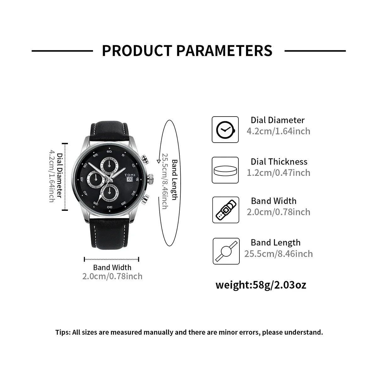 TOMI Men's Fashion Business Quartz Watch Leisure Calendar Watch size