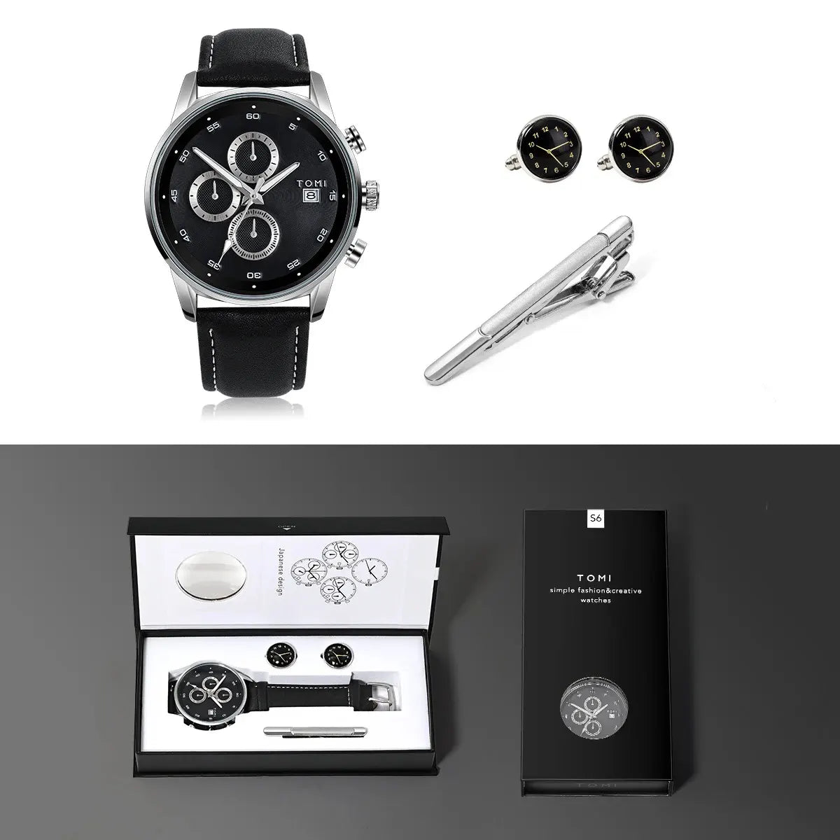 TOMI 4PCS Set Gift Box Men's Fashion Business Quartz Watch Leisure Calendar Watch Men's Cufflinks Tie Clip Watch Gift in pakistan