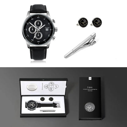 TOMI 4PCS Set Gift Box Men's Fashion Business Quartz Watch Leisure Calendar Watch Men's Cufflinks Tie Clip Watch Gift in pakistan