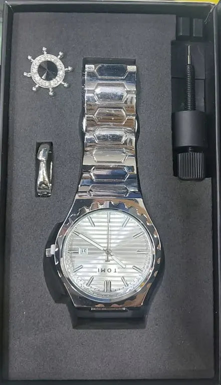 TOMI New 4PCS Luxury Men Watch Gift Set High Quality Steel Strip Striped Dial Calendar Men Quartz Watch Clock Gifts Reloj in Pakistan